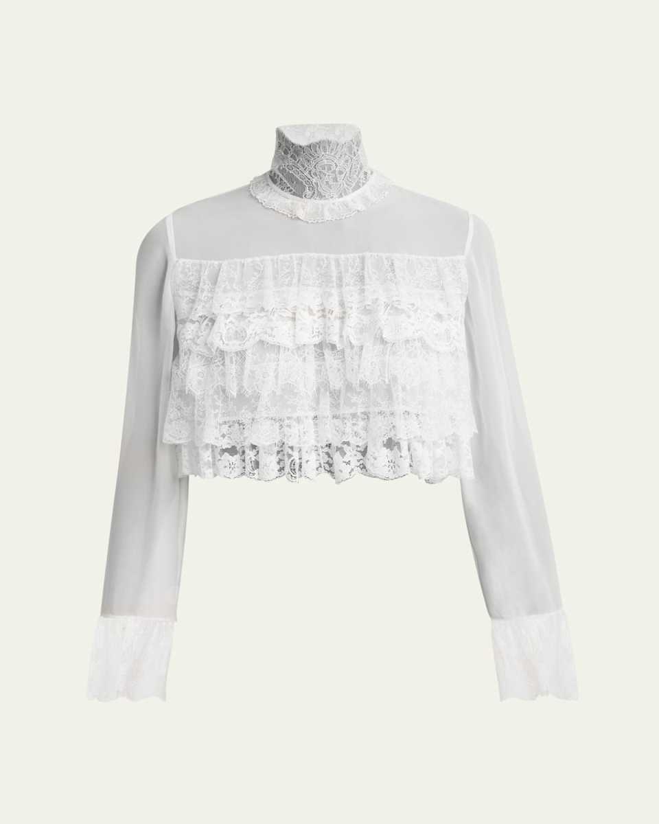 Lace Ruffle Long-Sleeve Silk Crop Top